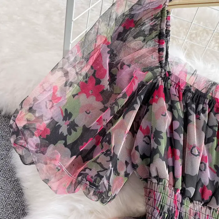 Robe de gâteau Dancing JL Ants imprimé floral chic française pour femmes, col carré, manches courtes bouffantes, silhouette élégante, occassions spéciales
