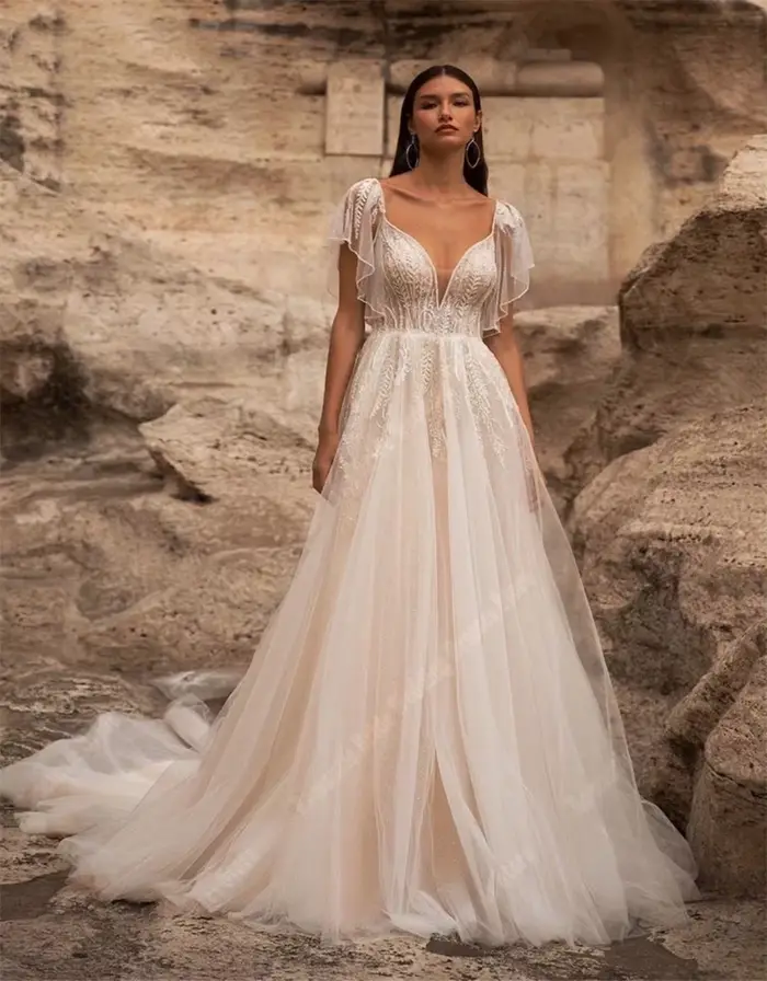 Robes De mariée en Tulle à manches courtes, col en cœur, élégantes, ligne a, longueur De nettoyage, 