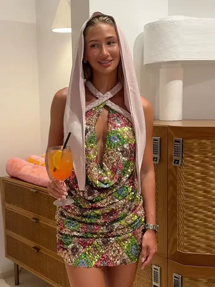 Robe Courte Femme Halter Pailletée à Bretelles