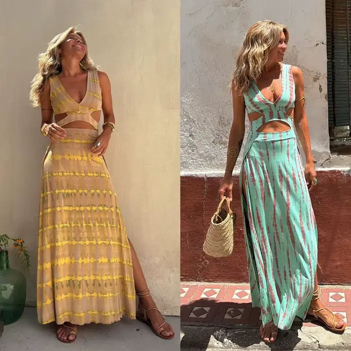 Robe longue imprimée à col en V