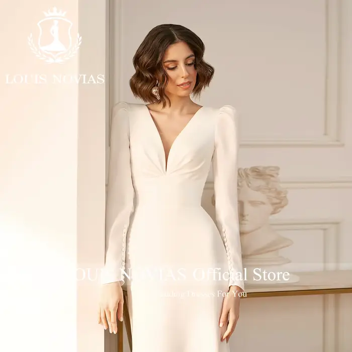Robe de mariée sirène en satin sexy, manches longues, col en V, dos nu, bouton, gaine drapée, pour femmes occasions spéciales mariage soirée晚会及特别场合女士性感缎面鱼尾裙长袖V领露背纽扣剪裁高腰