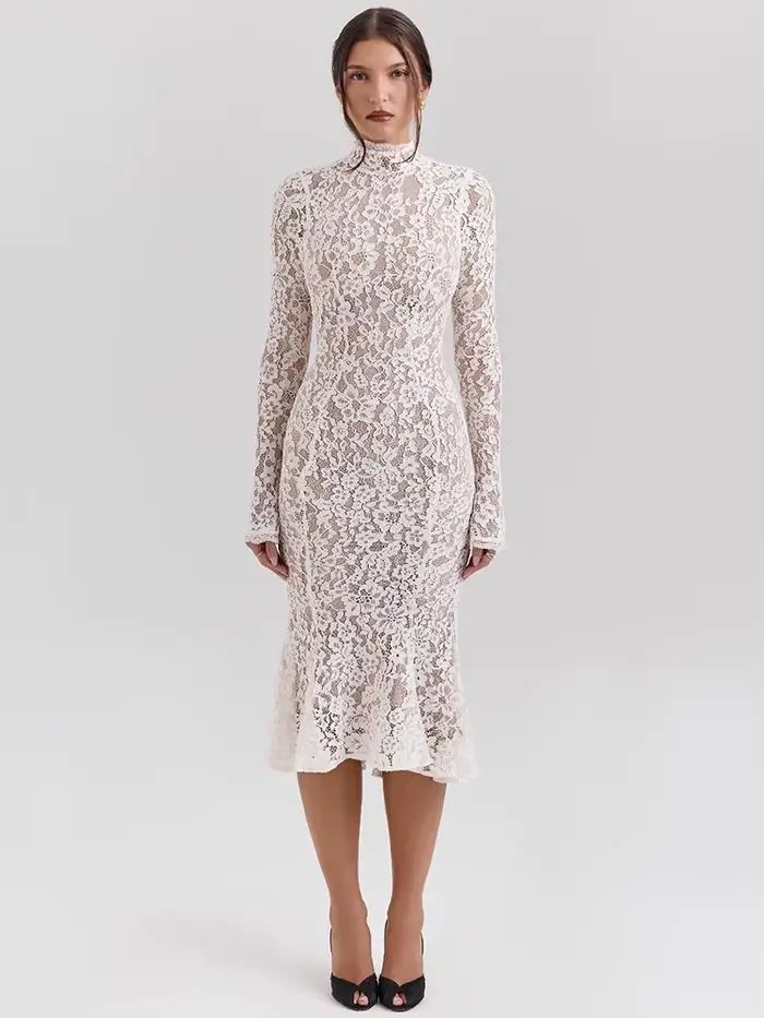 Robe longue sexy en dentelle à manches longues pour femme, élégante, blanche, col semi-montant, tail