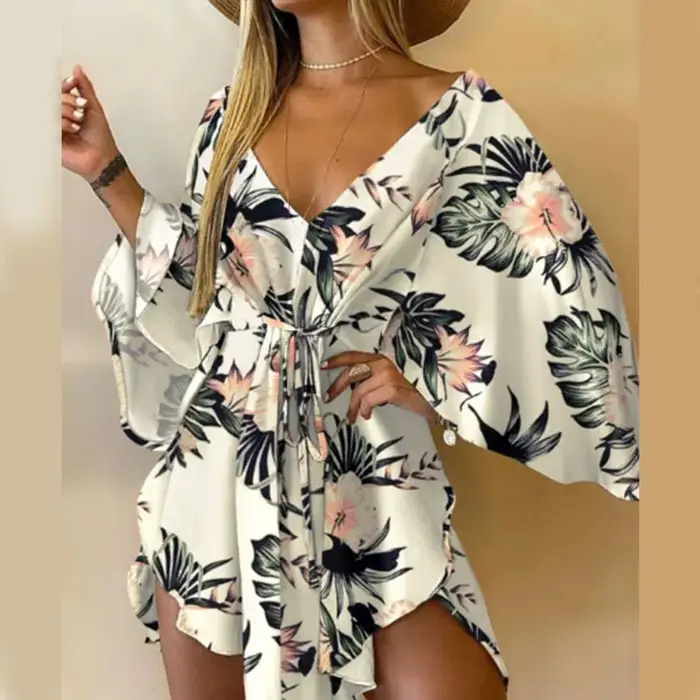 Femmes robe imprimée Sexy col en v manches chauve-souris volants fleurs imprimer bohème plage