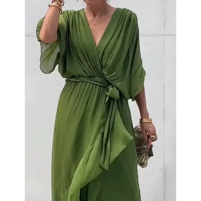 Robe en mousseline de soie asymétrique avec col en V et manches chauve-souris pour femmes, élégante et à la mode pour printemps et été