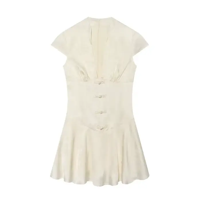 Robe pour femme 2026 Nouvelle collection été – Mini-robe en satin jacquard à col en V pour femme – R