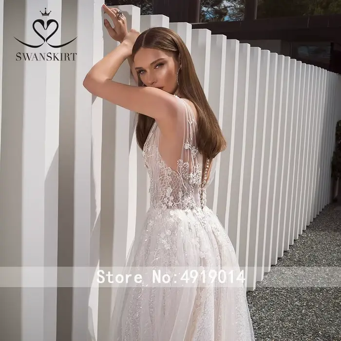Robe de mariée SwanSarah F261 romantique à col en V, boho, appliques de perles, ligne A, fleurs 3D, personnalisable pour femmes occasions spéciales