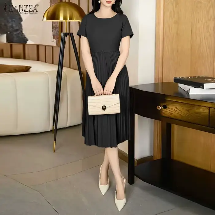ZANZEA Robe midi plissée élégante et chic pour femme