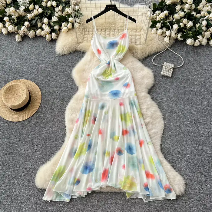 Foamlina vacances robe de vacances femmes 2025 été rétro couleur tache cravate-teinture queue de poi