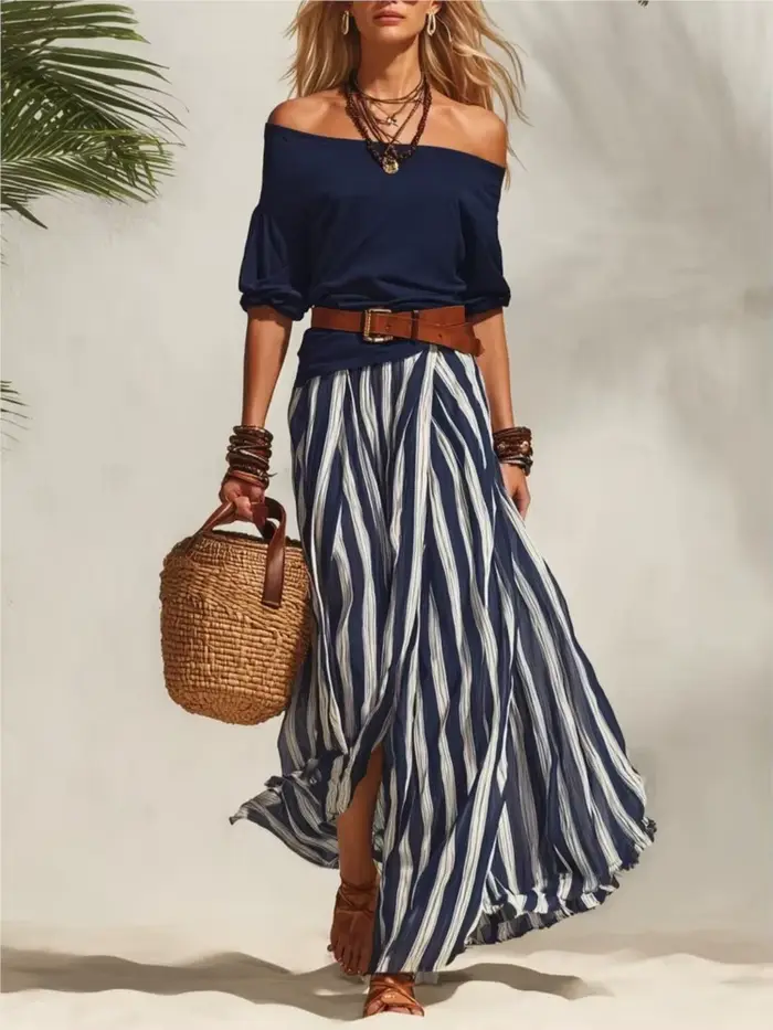 Ensemble deux pièces élégant pour femme haut sexy à épaules dénudées et jupe longue rayée fendue pour les vacances et soirées chic