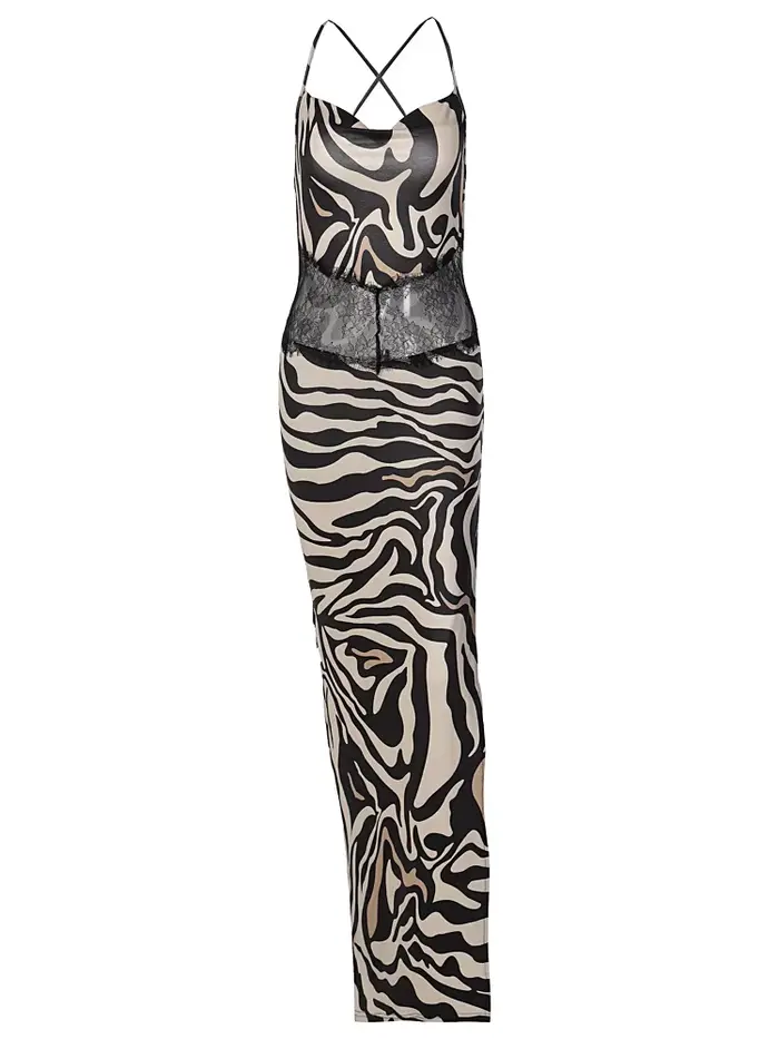 Robe longue en dentelle pour femmes, imprimé zèbre, fente latérale, patchwork, dos nu, sexy, tenues de club de fête, été 2024