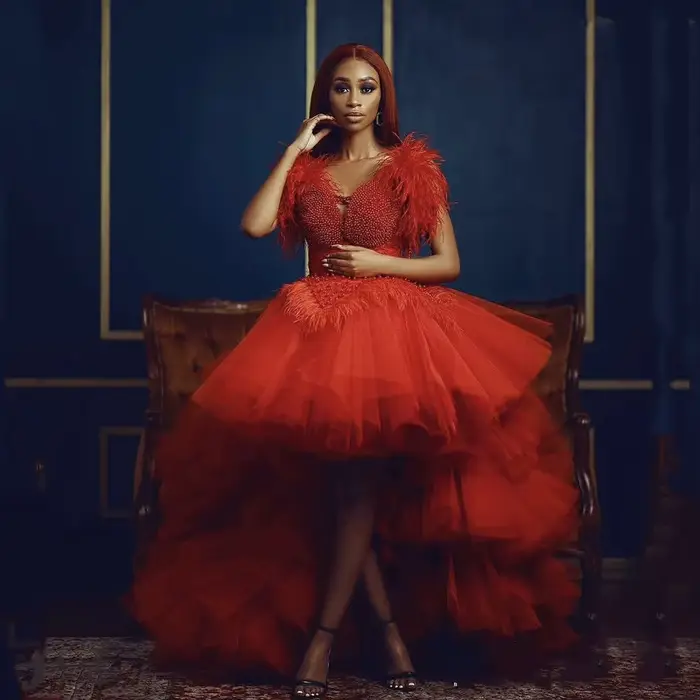 Robes de bal rouges asymétriques longues en tulle, robes de soirée formelles avec perles et plumes,