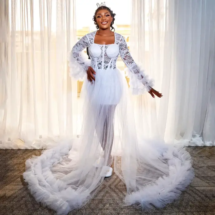 Robe de Mariée à Volants en Dentelle, Peignoir à Manches sulf, Lingerie Personnalisée, Pyjama pour P