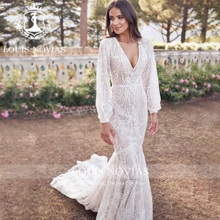 LOUIS NOVIAS robes De mariée sirène pour femmes Champagne col en v dos nu fermeture éclair manches bouffantes robe De mariée robes De Novia