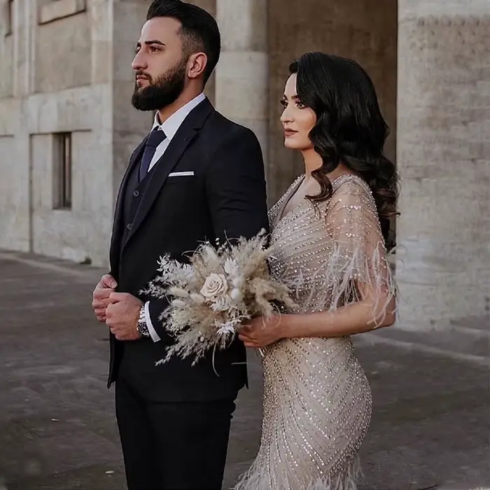 Sharon Said-Robe de Soirée Sirène Luxueuse en Plumes de Dubaï pour Femme, Tenue Personnalisée avec Manches Cape, pour ixde Mariage, SS210