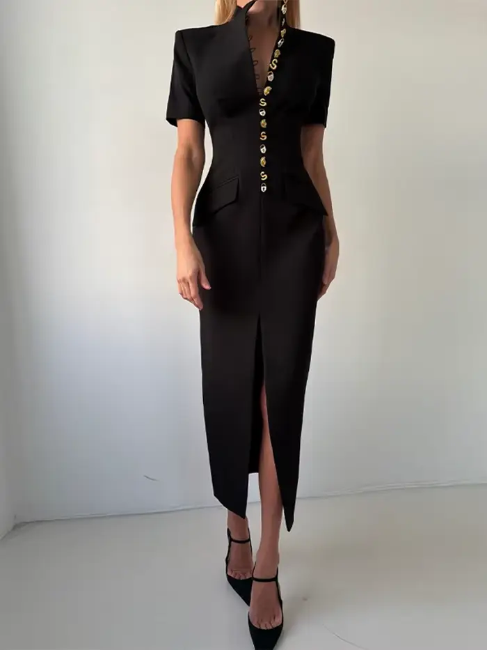 Nouvelle Robe Longue de Soirée pour Femme, Unie, Col en V Profond, Manches Courtes, Boutonnage Simpl