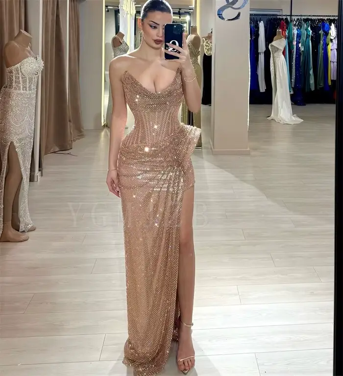 Robes de bal longues or rose 2026, de luxe, ornées de cristaux, à fente haute, style Dubaï, pour soi
