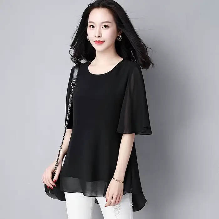 Grande taille été femmes col rond en mousseline de soie Blouse demi manches bureau dame chemise décontractée Feminina Camisas Blusas