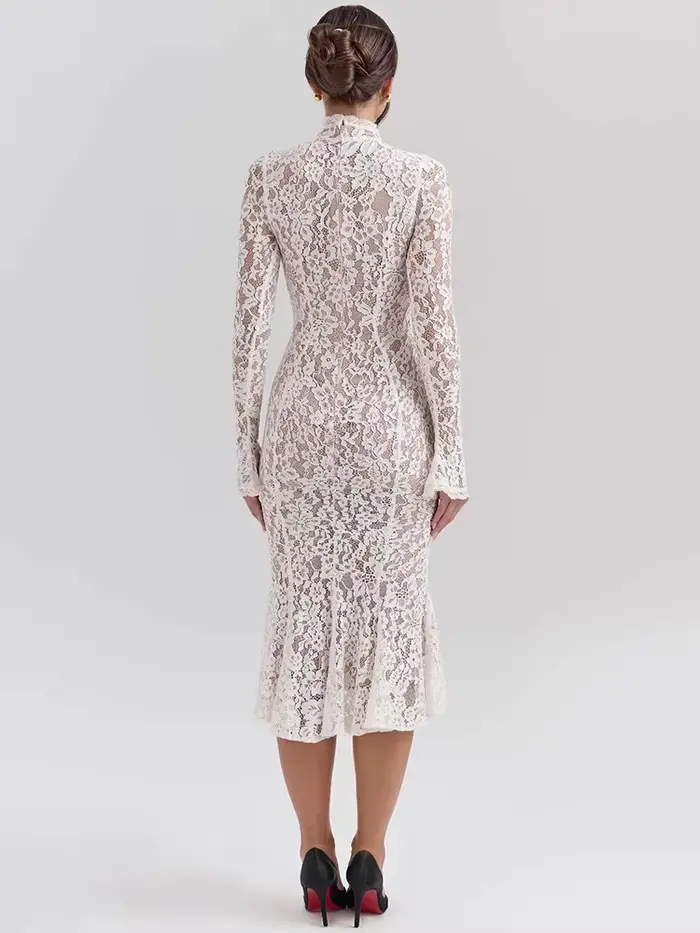 Robe longue en dentelle polyester pour femmes, style Y2K, col rond, taille haute, manches spaghetti, longueur cheville, pour soirées et clubs