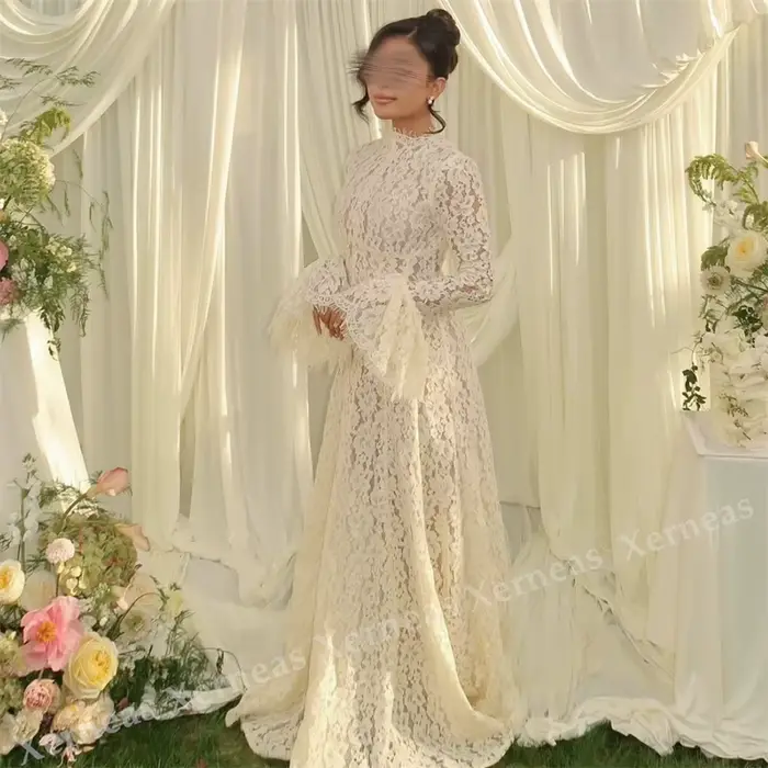 Robe de mariée personnalisée en dentelle Grace, robe de soirée formelle, col rond, coupe trapèze, lo
