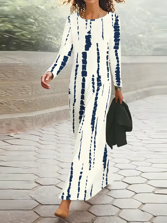 Robe décontractée à manches longues rayée tie-dye bleu et blanc pour femme