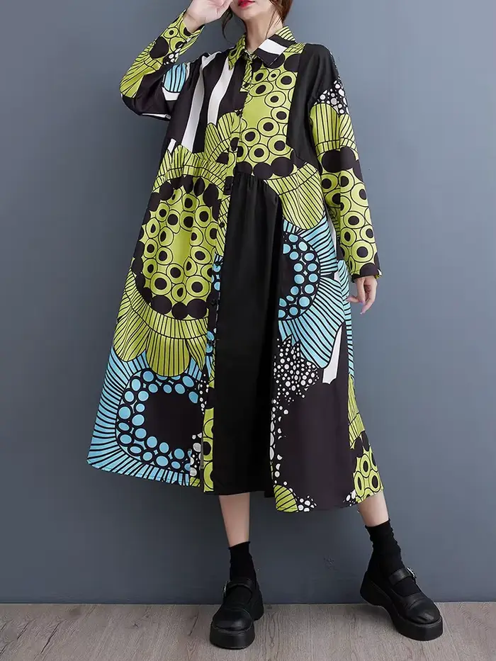 Robe chemise à manches longues imprimée vintage pour femmes, élégante et décontractée, idéale pour l'automne et les occasions spéciales
