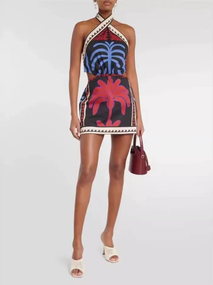 Nouvelle Robe Courte Bohème Imprimée à Col Halter pour Femme