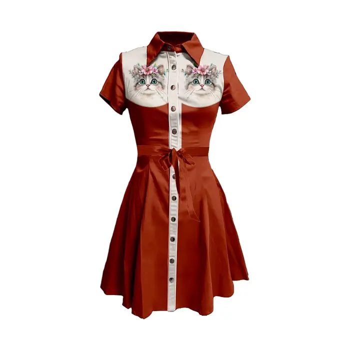 Robe chemise à imprimé chat Adorable pour femme, marron, rouge, col fleuri, boutonnée, avec cravate 