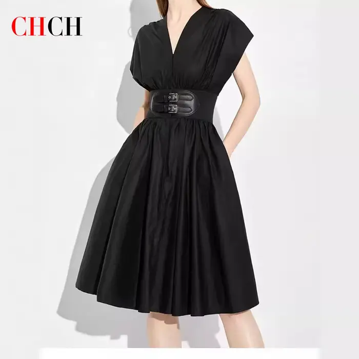 CHCH – robe longue pour femmes, col en v, sans manches, taille haute, Slim, noire, tenue de fête d'a