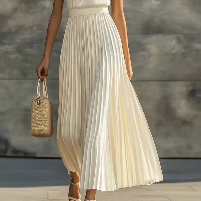Robe longue plissée sans manches en mousseline de couleur crème pour femmes, décontractée et confortable pour les saisons printemps et été, occasions spéciales et tous les jours