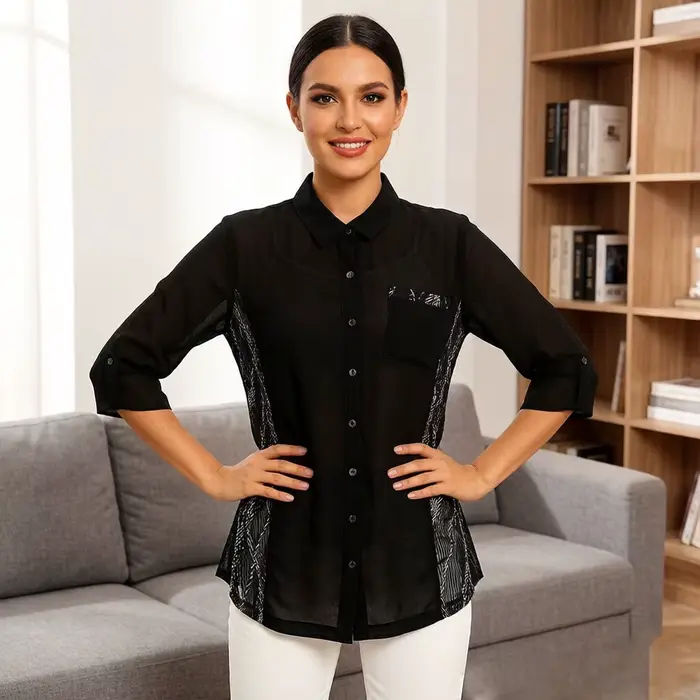 Robe chemise noire pour femme avec panneau imprimé latéral, chemisier long, col à revers vintage, ourlet asymétrique, coupe décontractée ample pour femmes occassions décontractées printemps automne