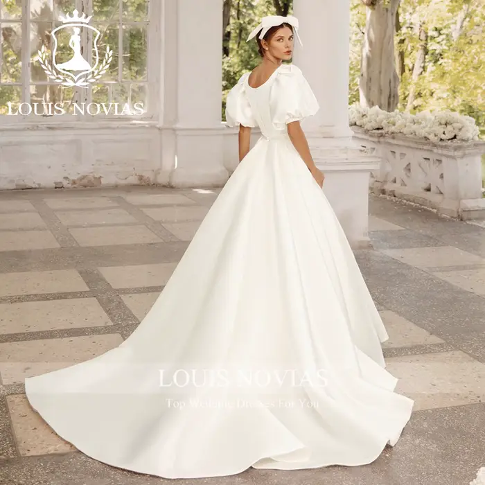 LOUIS NOVIAS sirène Satin robes De mariée Simple romantique SCOOP manches bouffantes détachable Train robe