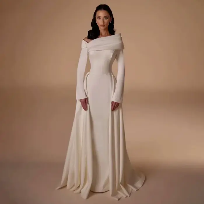 Robe de soirée élégante pour femmes, épaules dénudées, en Jersey plissé, ligne a, manches longues, l