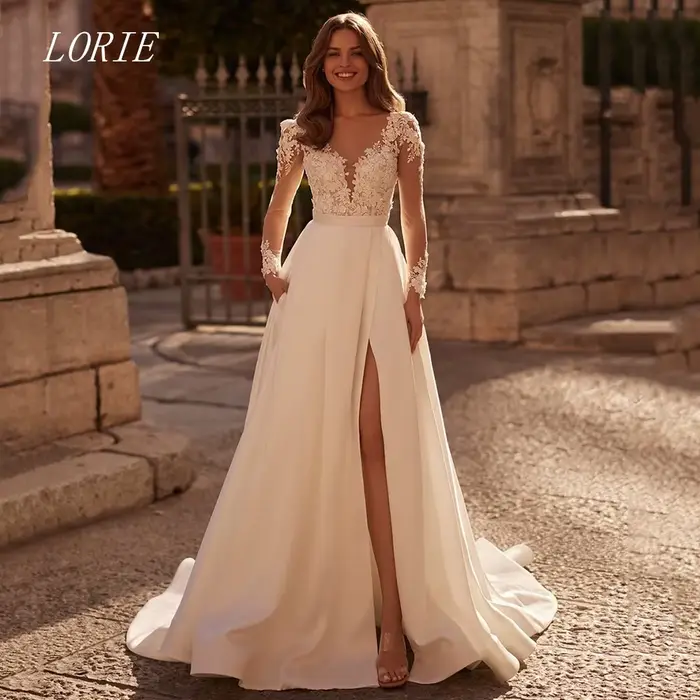 Robe de mariée civile de luxe LORIE, coupe trapèze, col en V, élégante, avec appliques de dentelle f