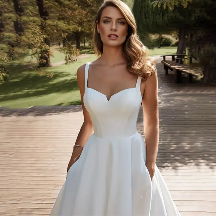 Robe de mariée économique personnalisée en satin plissé coupe trapèze longueur ras du sol avec bretelles spaghetti décolleté cœur sans manches et traîne balayante pour femmes occasions spéciales