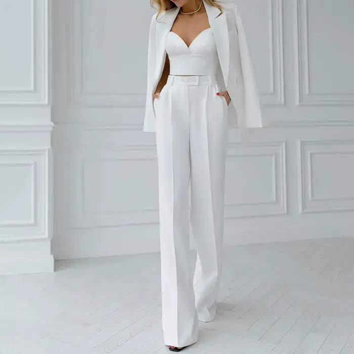 Costume 2 pièces blanc pour femmes style bureau décontracté polyester plissé pour mariage travail d'affaires bureau trajet quotidien