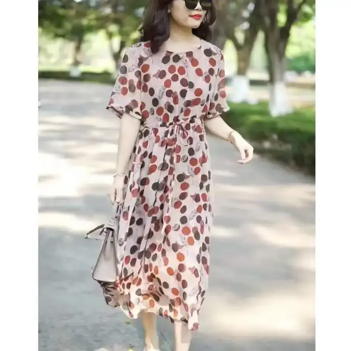 Nouvelle Robe Midi Imprimée à Pois avec Col Rond et Fronces