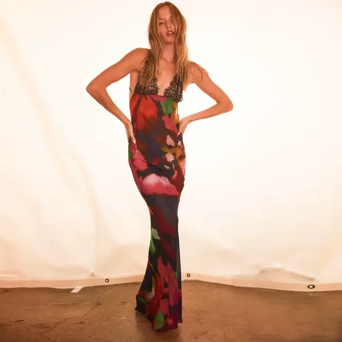 Robe queue de poisson INPETAL élégante pour femmes dos nu sans manches longue moulante coupe ajustée imprimée pour soirées et cérémonies spéciales