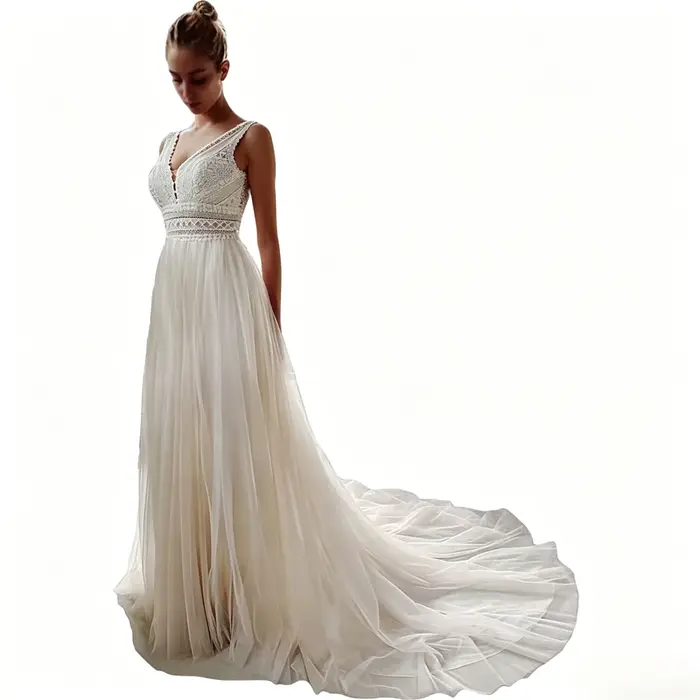 Robe de mariée personnalisée style bohème romantique ivoire, coupe trapèze, sans manches, décolleté 