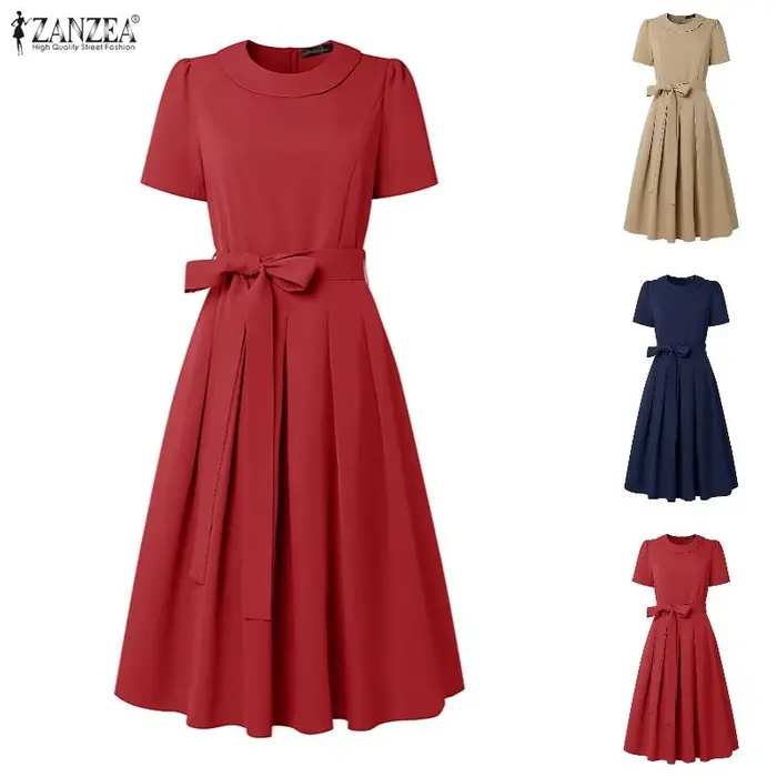 Robe d'été pour femme coupe A en polyester avec ceinture à lacets col rond et fermeture éclair dos style bohème rétro