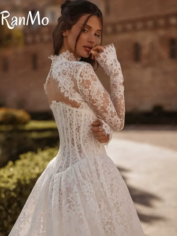 Ranmo nouveau 2025 robe de mariée blanche col haut a-ligne manches longues dentelle robes