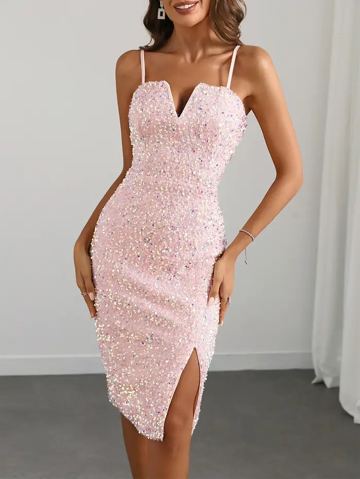 Sexy rose dos nu sequin slip robe d'été femmes moulante club