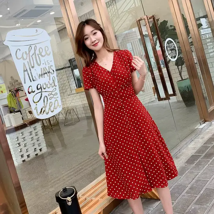 Robe mi-longue en mousseline de soie pour femme, tenue de soirée coréenne, courte, légère, tunique florale, mode vintage, rouge, à pois, décontractée, été, élégante à offrir pour les occasions spéciales