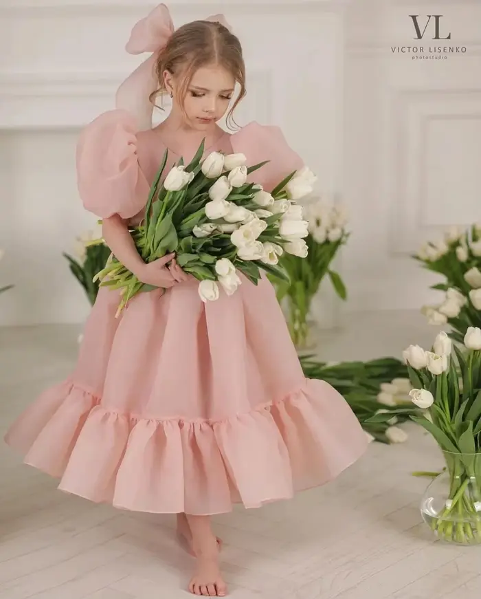 Robe de soirée en organza rose pour mère et fille élégante à volants pour soirées officielles et photoshoots