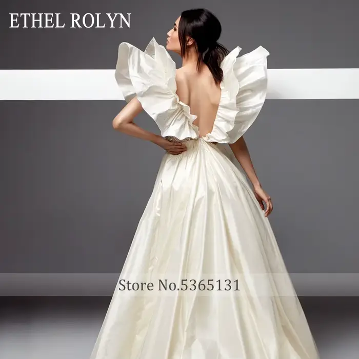 Élégant Satin a-ligne robe De mariée Sexy dos nu col en v Illusion perlée dentelle