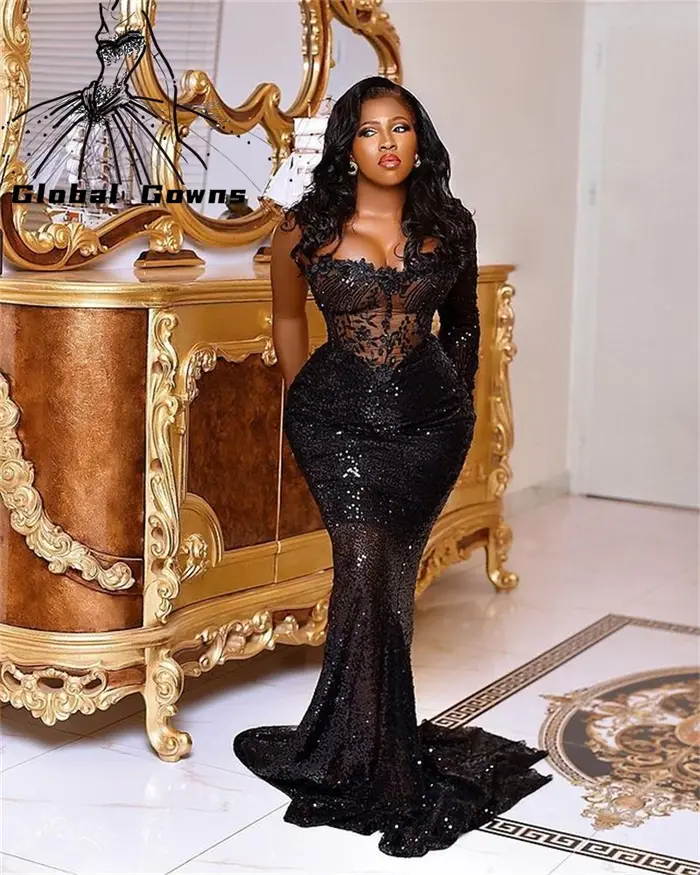 Aso Ebi-Robe de soirée noire à fleurs 3D perlées pour femmes