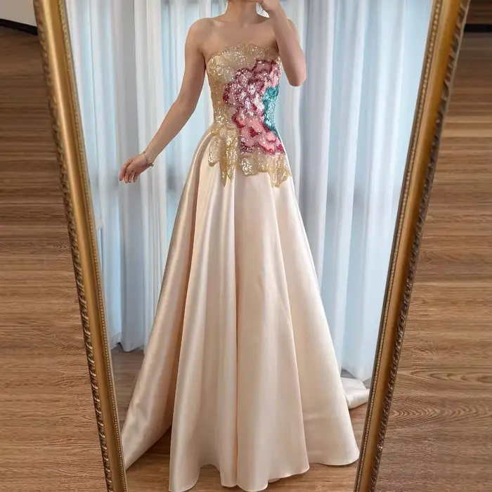 Robe de soirée trapèze en satin beige de luxe avec corsage à paillettes et manches détachables pour femmes toutes occasions spéciales