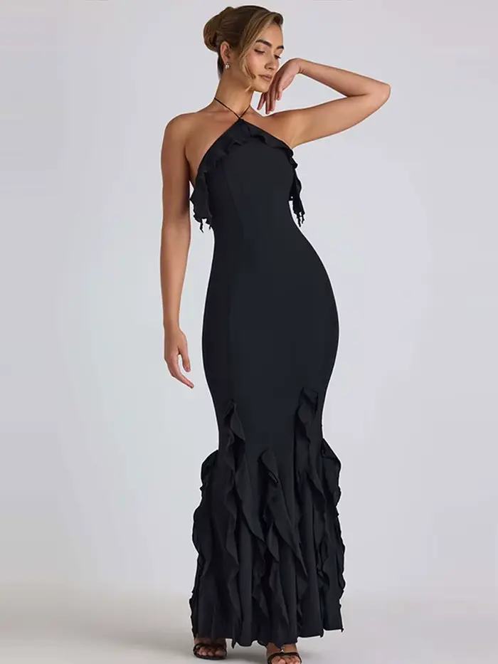 Décontracté gland Robes de soirée femmes Chic solide licou sans manches dos nu hanche paquet dame