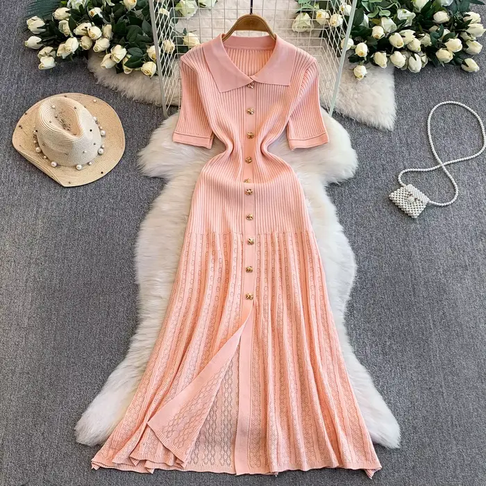 2025 Robes pour femme tricotées vintage, coupe trapèze, ajourées, taille haute, style coréen, bouton