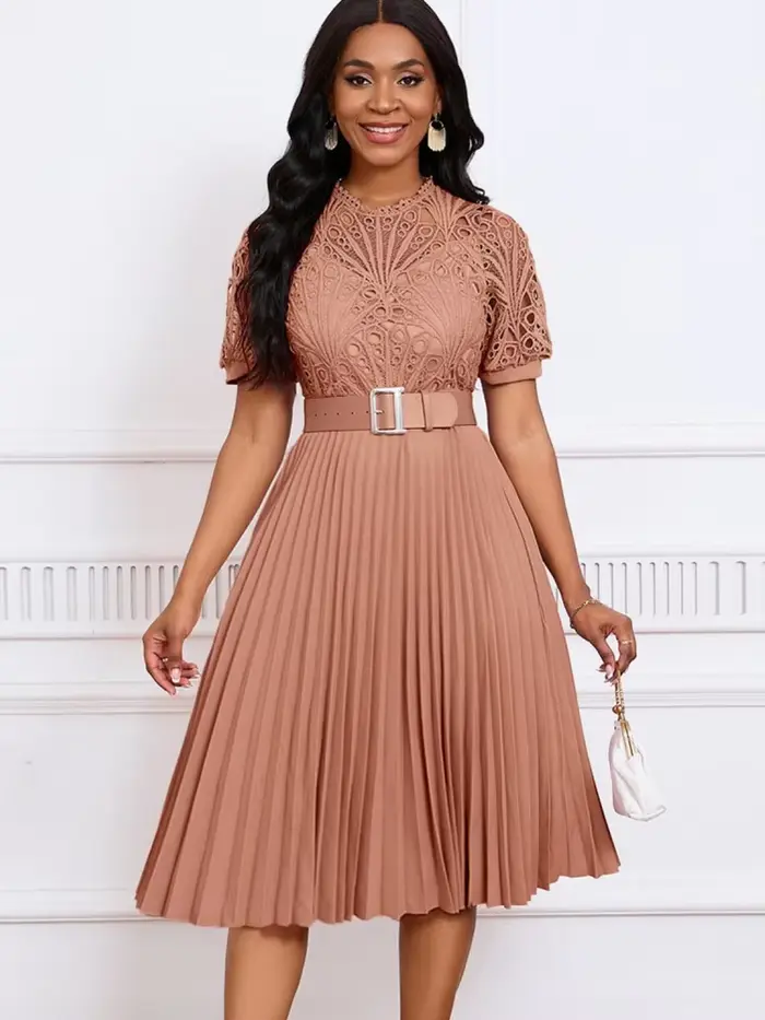Robe Midi Plissée à Manches Courtes et Col Rond pour Femme