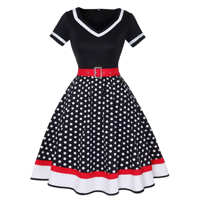 Robe de soirée vintage avec ceinture imprimée à pois, manches courtes, style Rockabilly Pin-Up années 50 et 60 pour femmes grandes tailles occassions spéciales